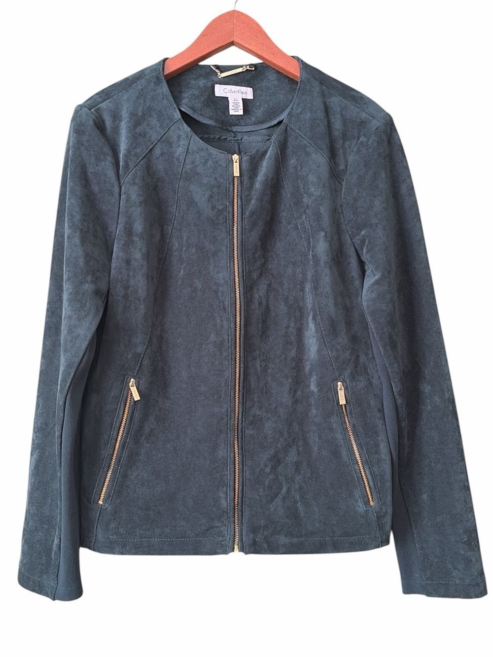 Calvin Klein Emerald Green Collarless Faux Suede Zip Jacket with Gold Hardware L